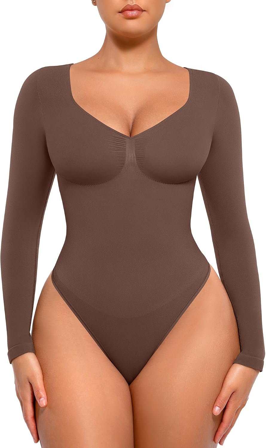 FeelinGirl Women’s Long Sleeve Shapewear Bodysuit for Tummy Control Seamless Body Suits Thong V Neck Going Out Tops