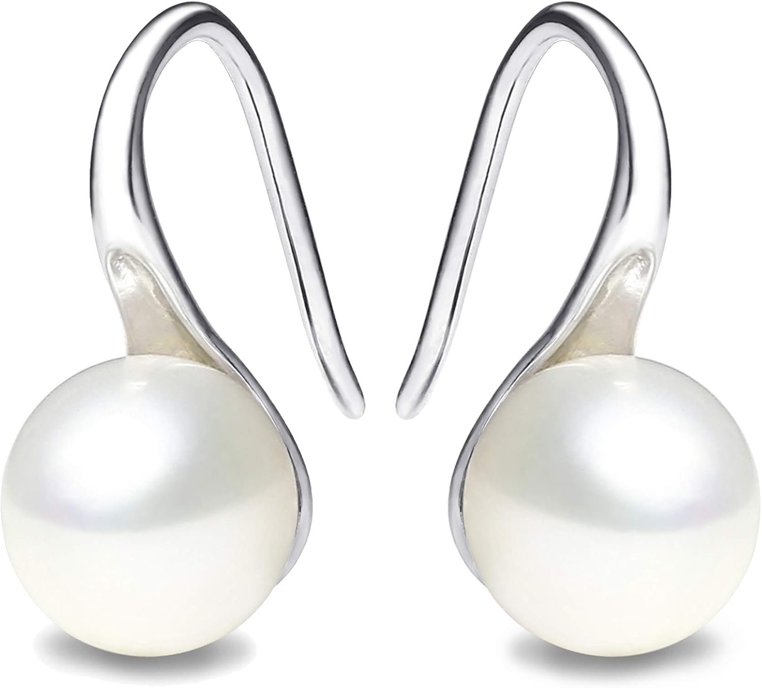 925 Sterling Silver Hoop Handpicked AAA+ Quality 7.5-8mm White Freshwater Cultured Pearl Dangle Drop Earrings Jewelry for Women