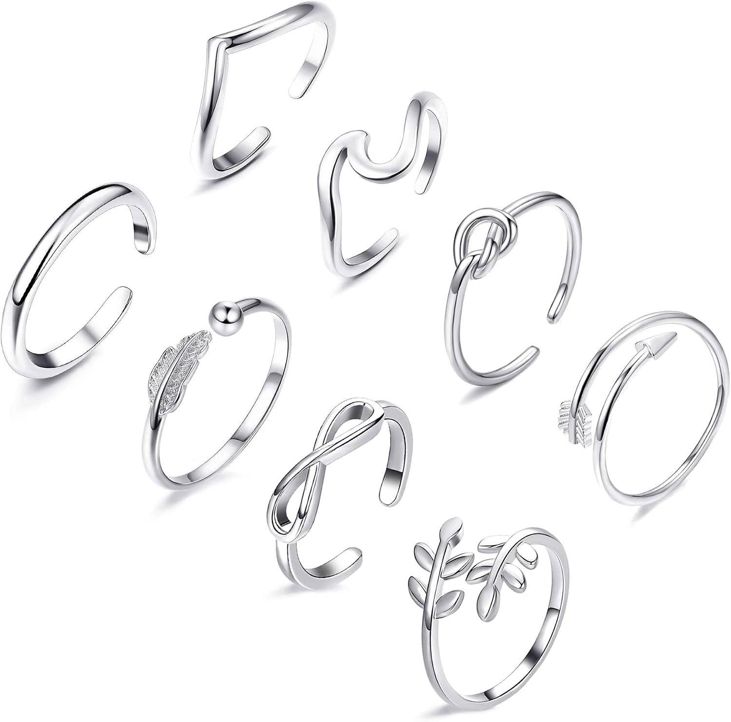 FUNEIA 8PCS Adjustable Rings for Women, Silver Stackable Knuckle Rings for Women, Arrow Knot Wave Open Stacking Dainty Thumb Rings Set
