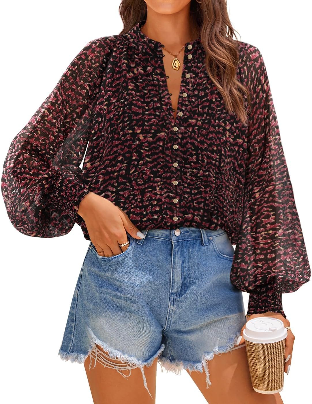 ZESICA Women’s Floral Print Blouse 2026 Long Sleeve Button Down Casual Spring Summer Boho Oversized Tops Shirts