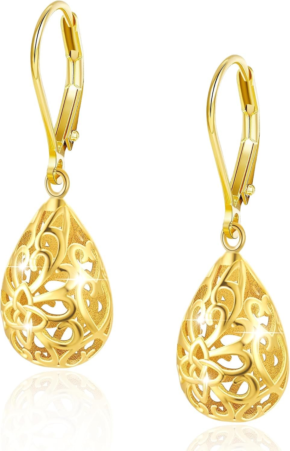 Silver Earrings 14K Gold Plated French Style Leverback Earrings, Heart Dangle Drop Earrings for Women Hypoallergenic Jewelry