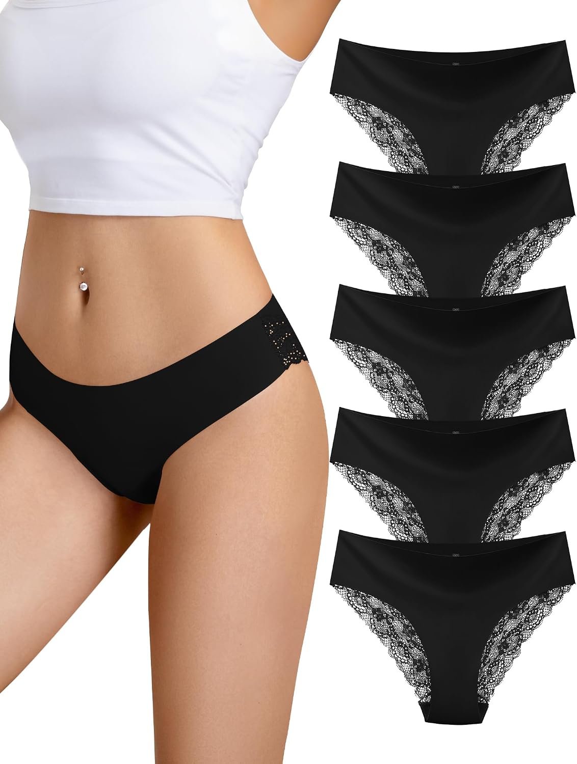 voenxe Lace Bikini Underwear for Women,Ladies Lacy Trim Brief,Hipster Panty,Comfortable Panties,Soft Multipack Undies,5 Pack