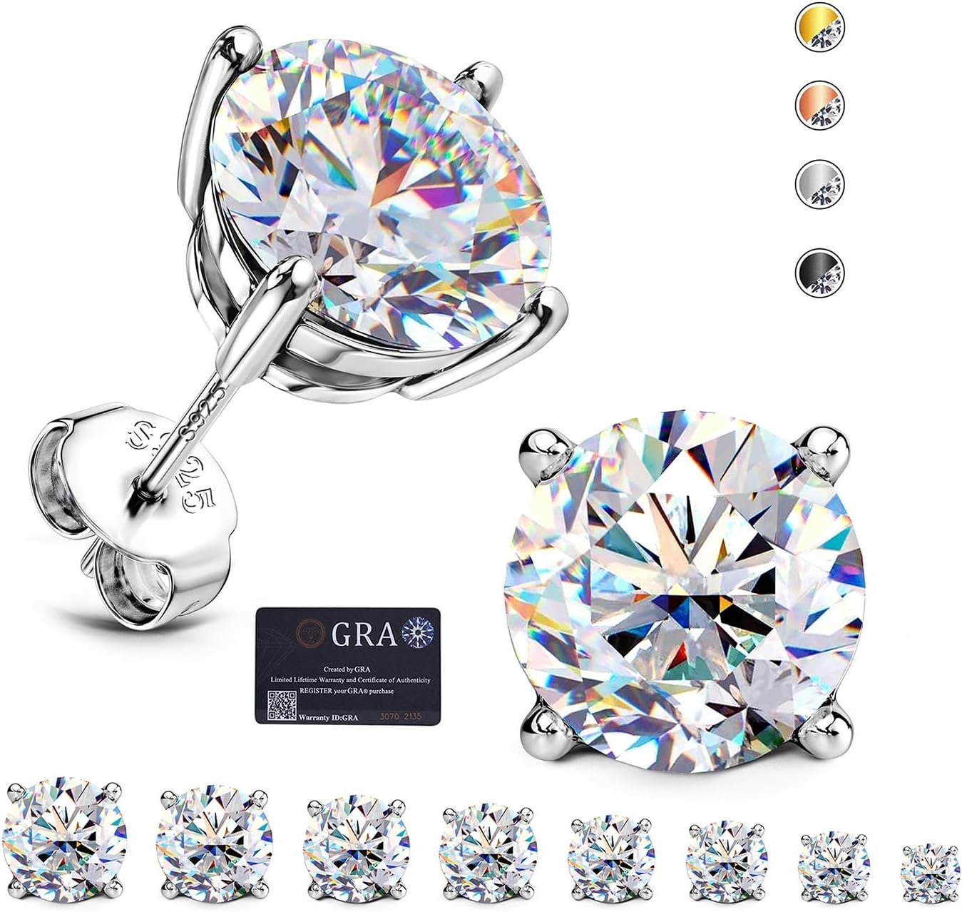 Moissanite Stud Earrings : 18K White Gold Plated Solid 925 Sterling Silver Earring Hypoallergenic Dainty Flat Back Stud Earrings Jewelry for Women Men D Color VVS1 Clarity
