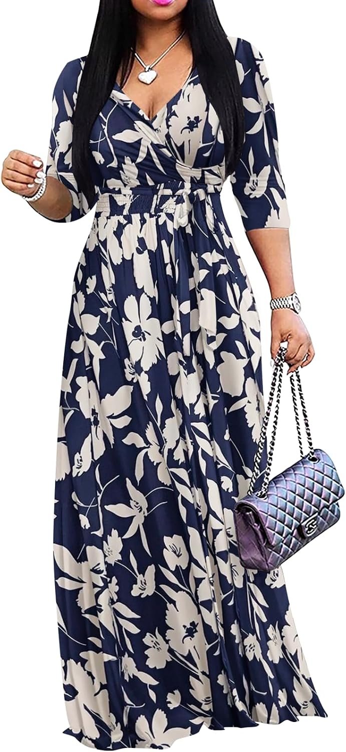 Yajedo Womens Casual Summer Maxi Dress Plus Size Sexy Wrap V Neck 3/4 Sleeve Sundress with Pockets