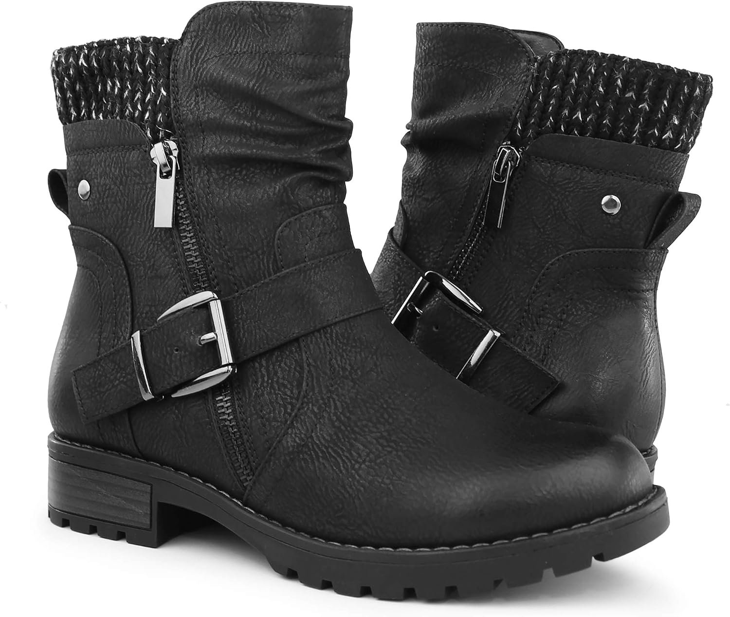 Hawkwell Women’s Combat Boots Fashion Side Zipper Buckle Ankle Booties