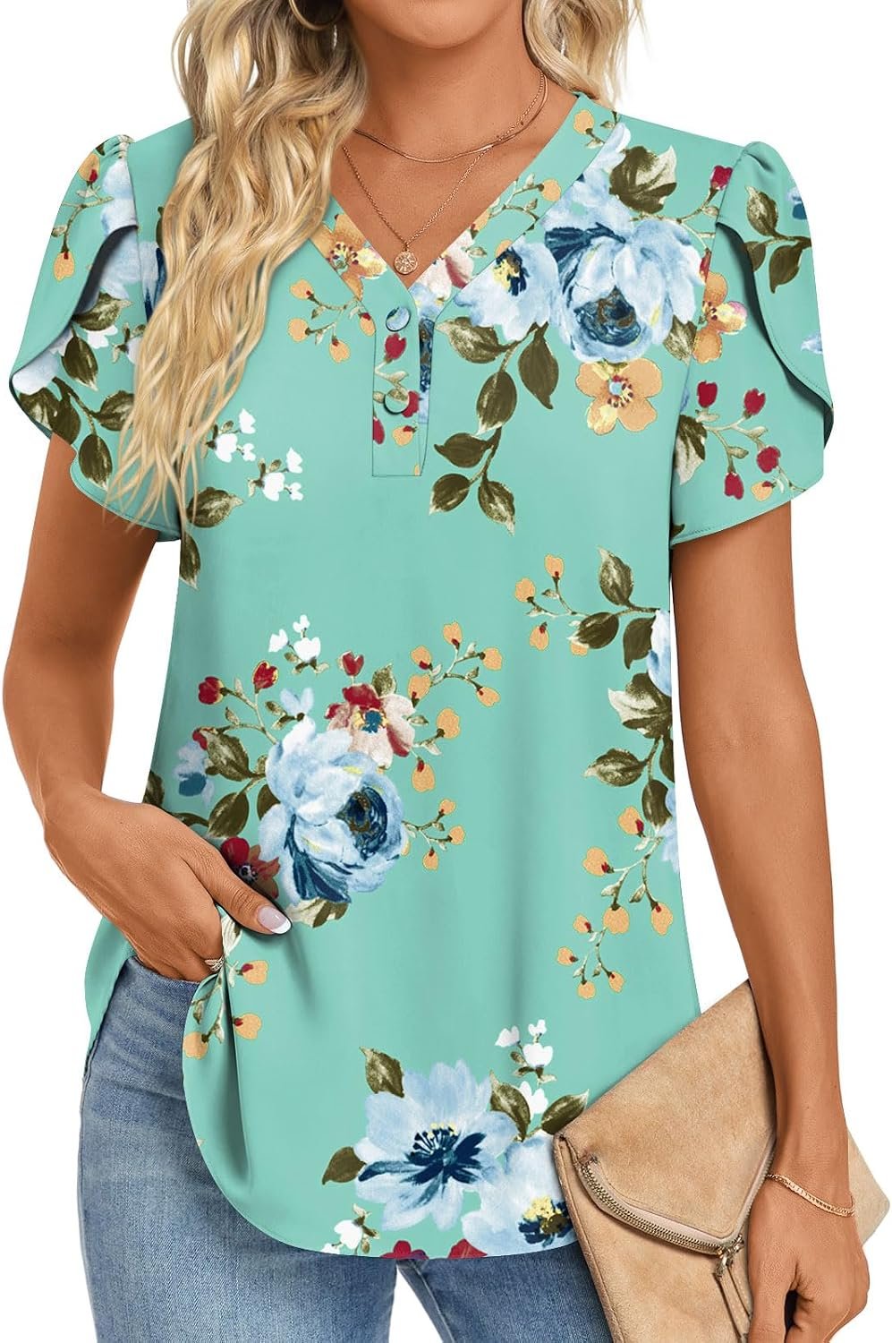 HOTGIFT Womens Blouse 2026 Summer Short Sleeve V Neck Buttons Chiffon Tops M-3XL