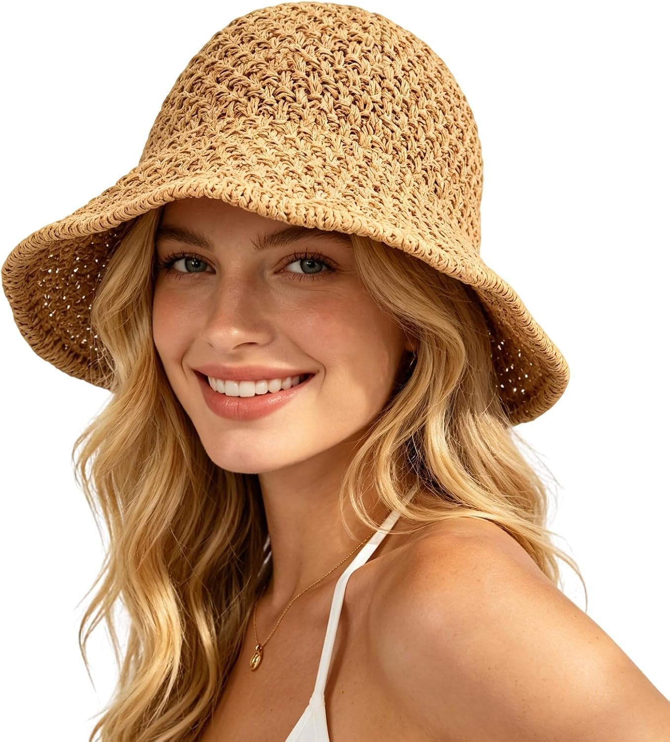 Sun Hat for Women Summer Straw Beach Hats Floppy Crochet Hat UV Protection Travel Bucket Hat Foldable Packable