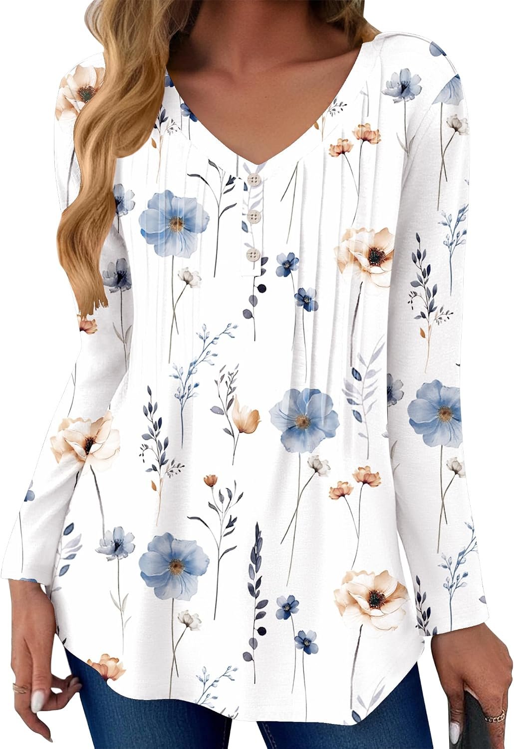Zeagoo Womens Long Sleeve Tops V-Neck Loose Fit Shirts Pleated Print T-Shirts Dressy Casual 2026 Tunics