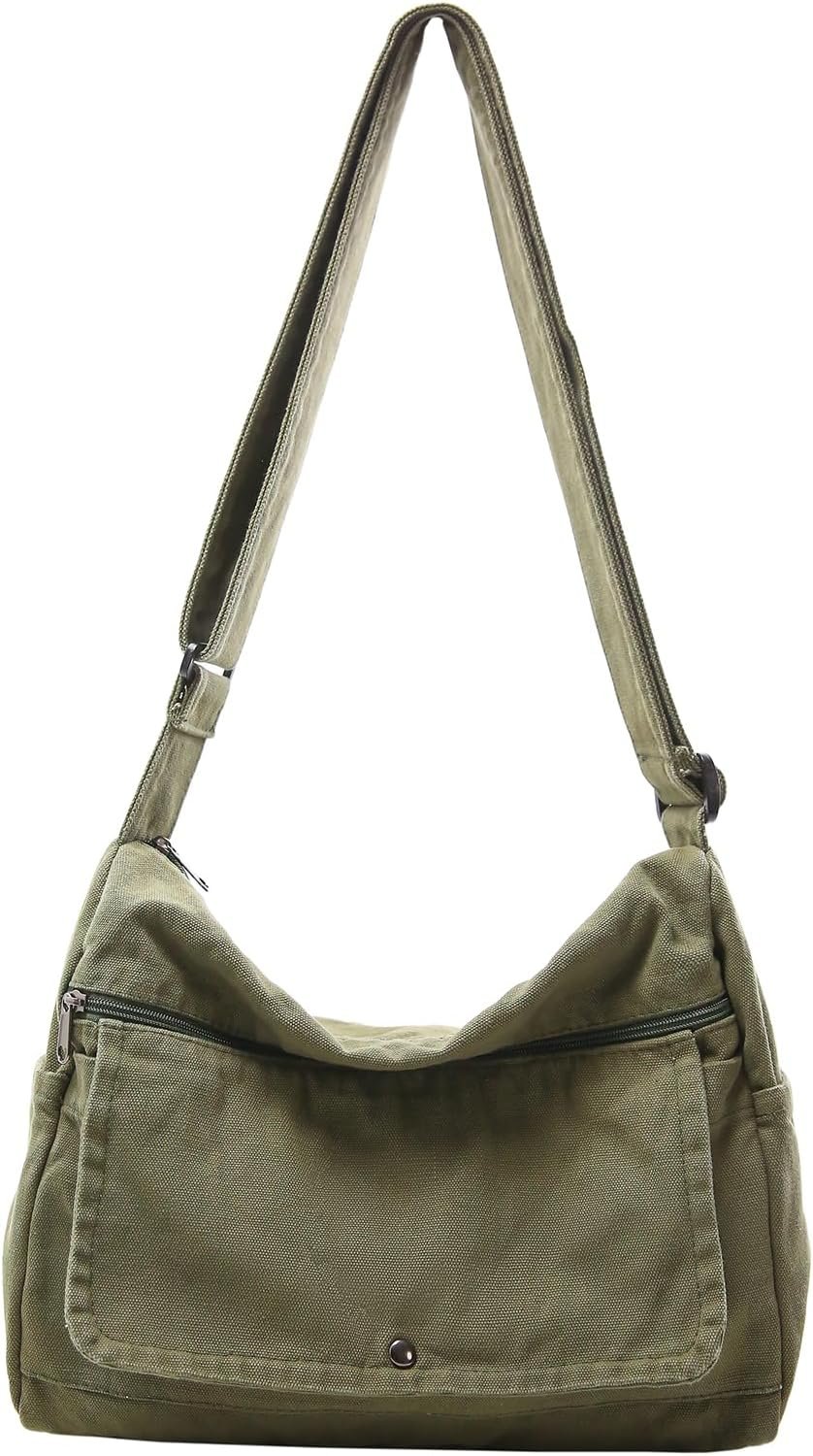 PRAGARI Canvas Messenger Bag for Women Hobo Crossbody Shoulder Bag Vintage Satchel Tote Handbag with Multiple Pockets