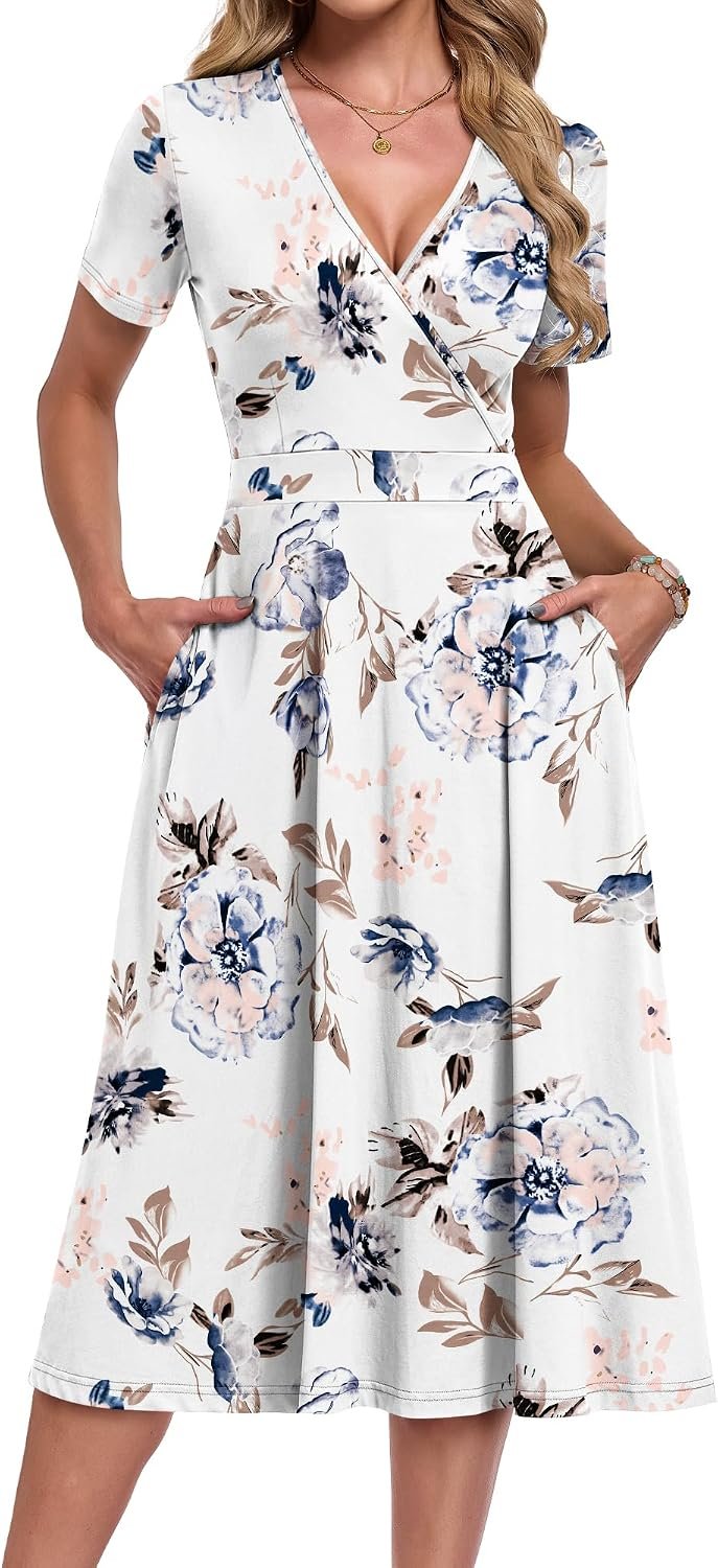 AUSELILY Summer Dresses for Women 2026 Floral Short Sleeve V Neck Wrap Midi Dress with Pockets