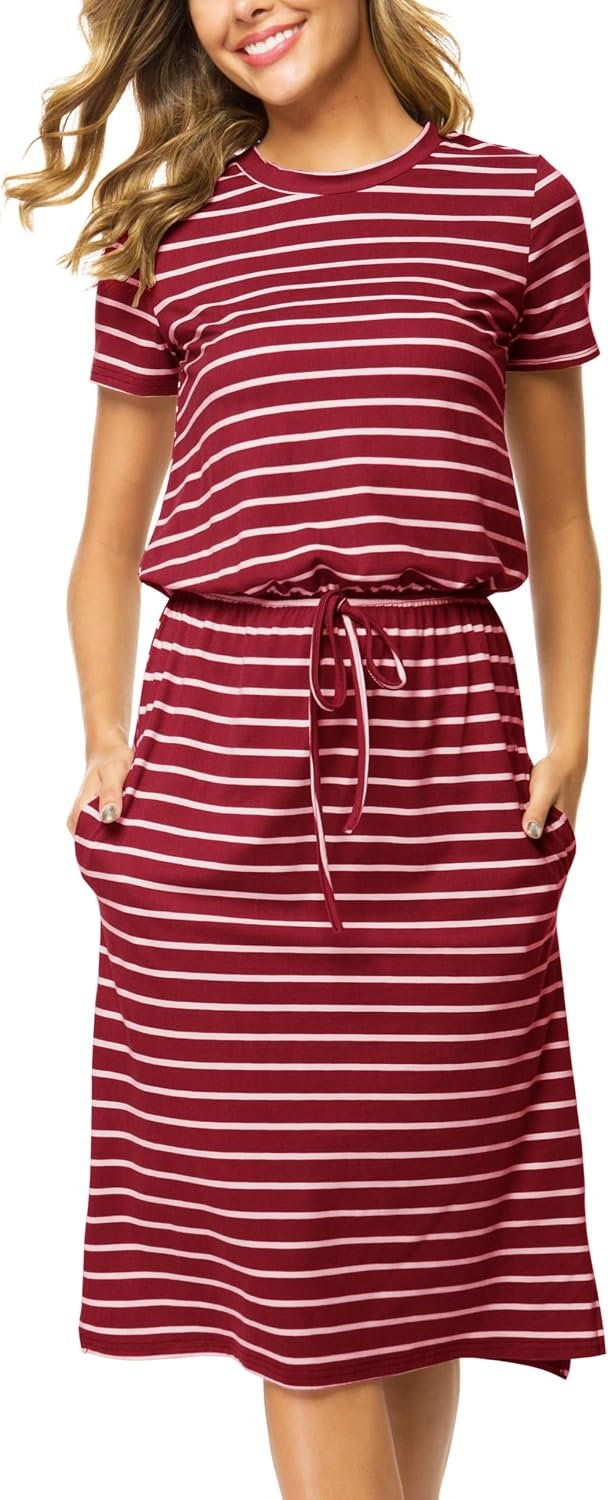 Simier Fariry Women Summer Midi Knee Casual Dress Pocket Hide Belly Short Sleeve Spring Work Travel Teacher Outfit