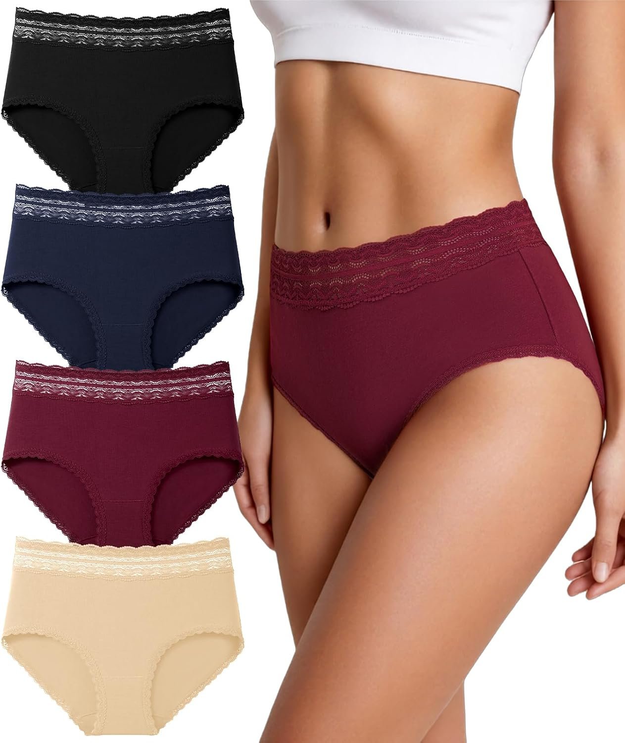 Cotton Underwear for Women High Waisted Panties Soft Lace Waistband Breathable Full Coverage Ladies Briefs 4 Pack