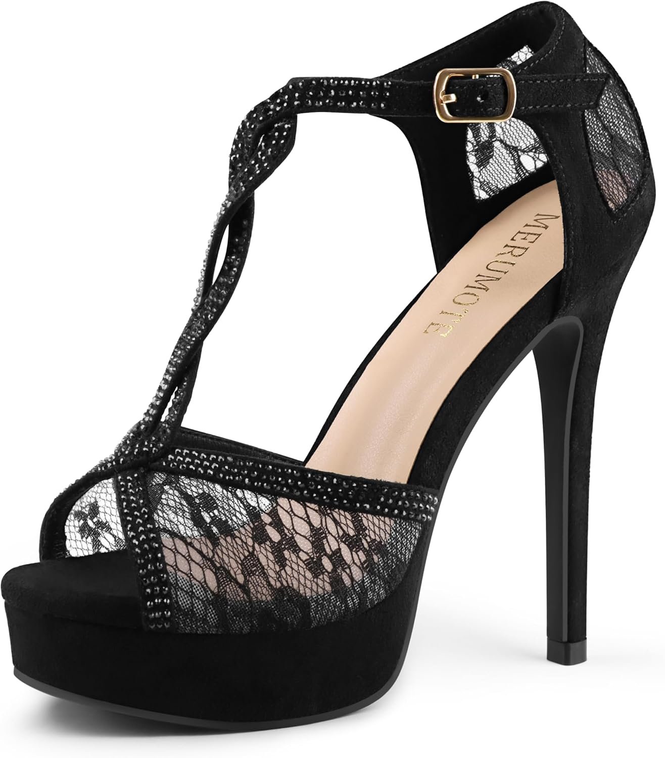 MERUMOTE Women’s Peep Toe Platform 5 inch Stiletto Heels Rhinestone Sparkly Lace Heels Sexy Prom Shoes