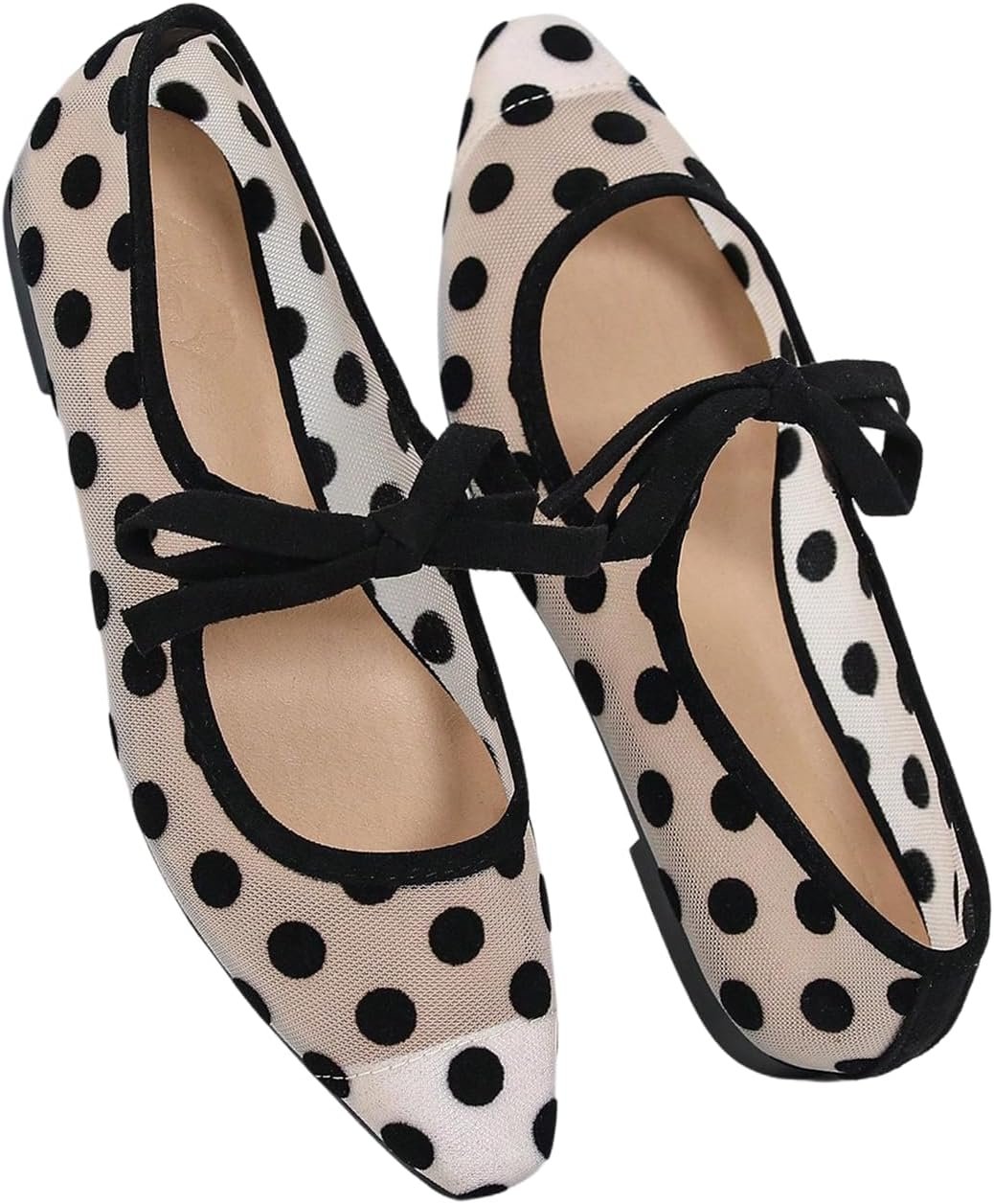 BEAUDRM Women’s Polka Dots Mesh Ballet Flats Bowknot Pointed Toe Ballerina Flats Closed Toe Comfortable Casual Work Shoes