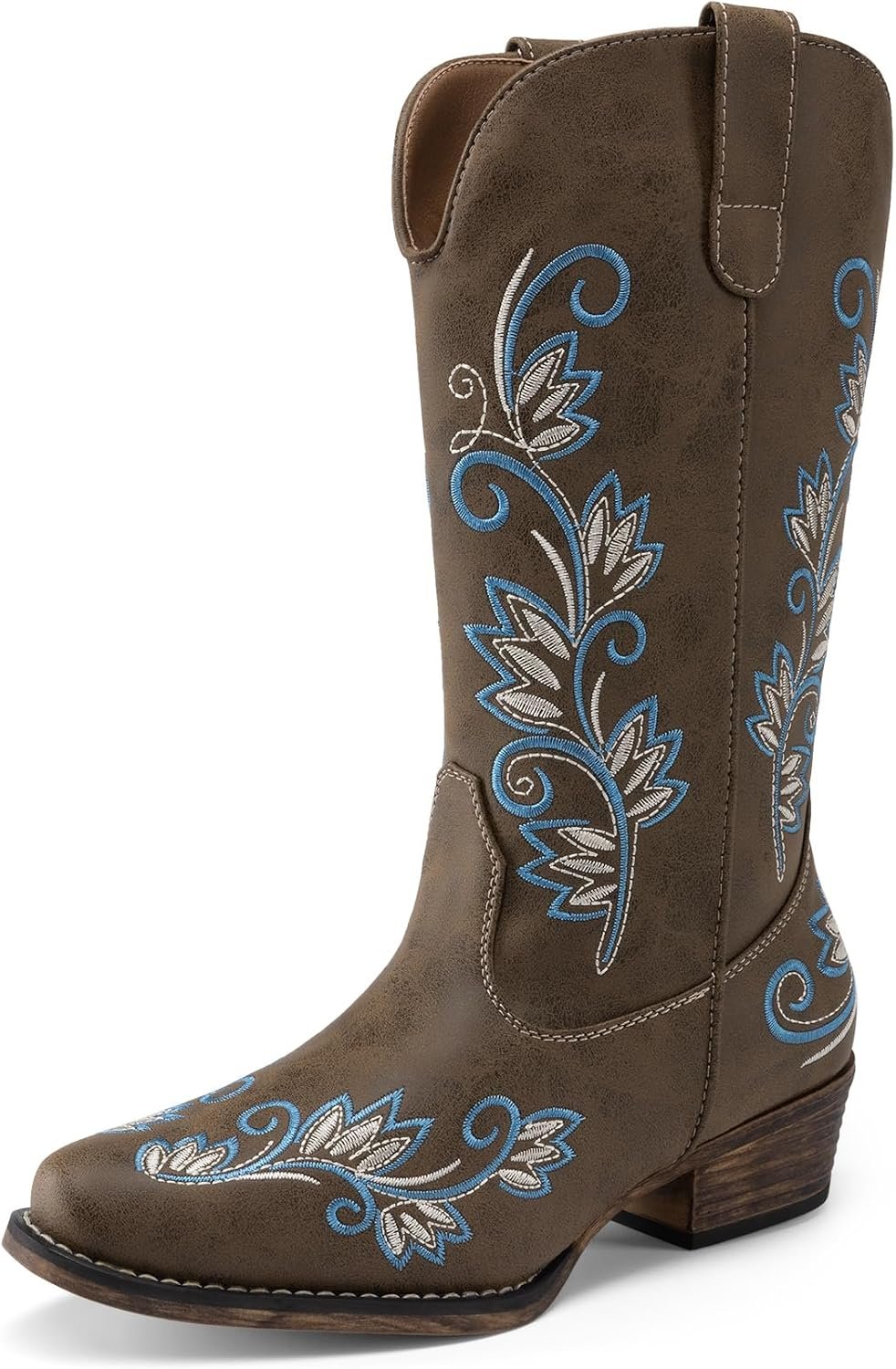 DREAM PAIRS Women’s Cowboy Cowgirl Western Mid Calf Boots Square Toe Embroidered Stitched Pull On Country Boots with Low Chunky Heel