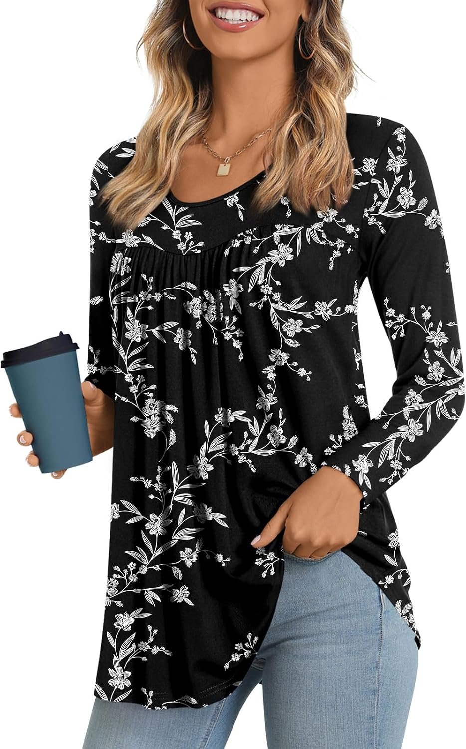 LONGYUAN Women’s Long Sleeve Casual Tunics Tops 2026 Winter Loose Shirts Flare Blouse Comfy Elastic Cute