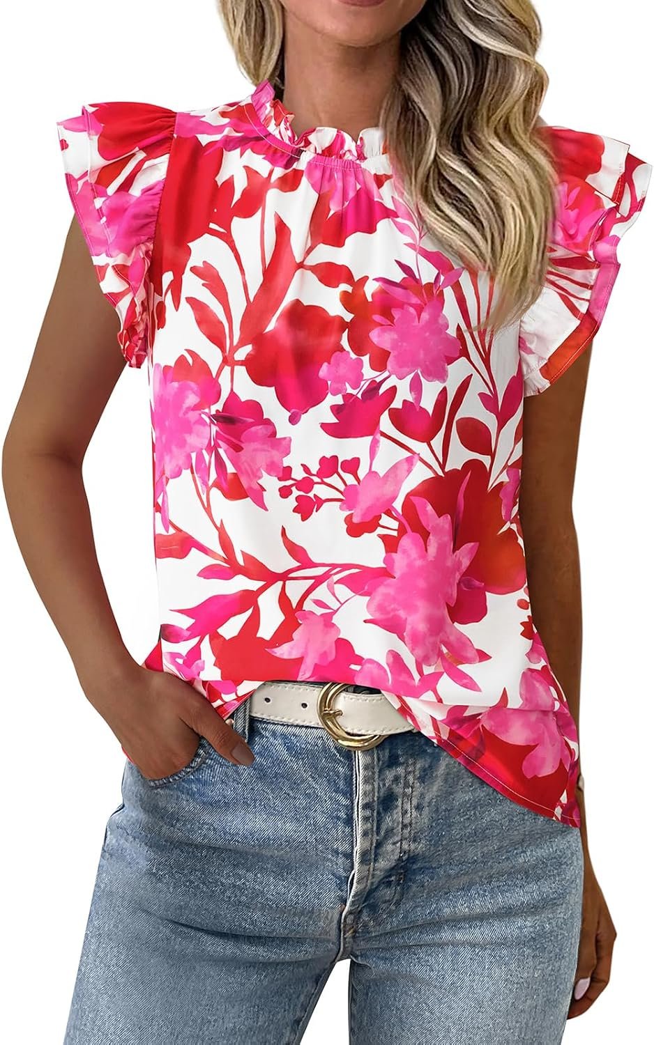 PRETTYGARDEN Women’s Ruffle Short Sleeve Summer Tops 2026 Trendy Floral Trim Neck Casual Dressy Chiffon Boho Blouses Shirts