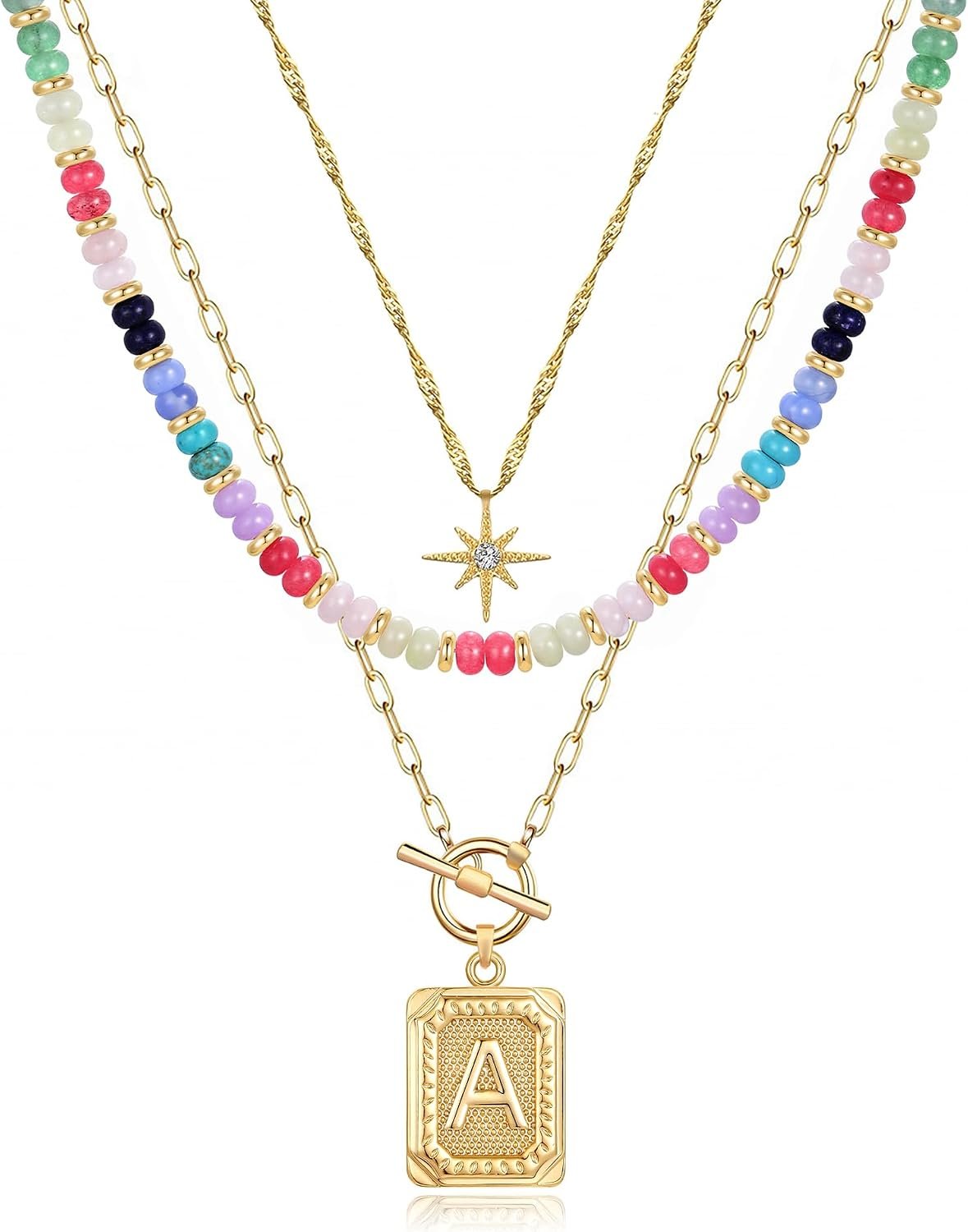 MJartoria Layered Initial Necklaces for Women | 14K Gold Plated Brass, Star Choker, Colorful Beaded, Square Letter Pendant,