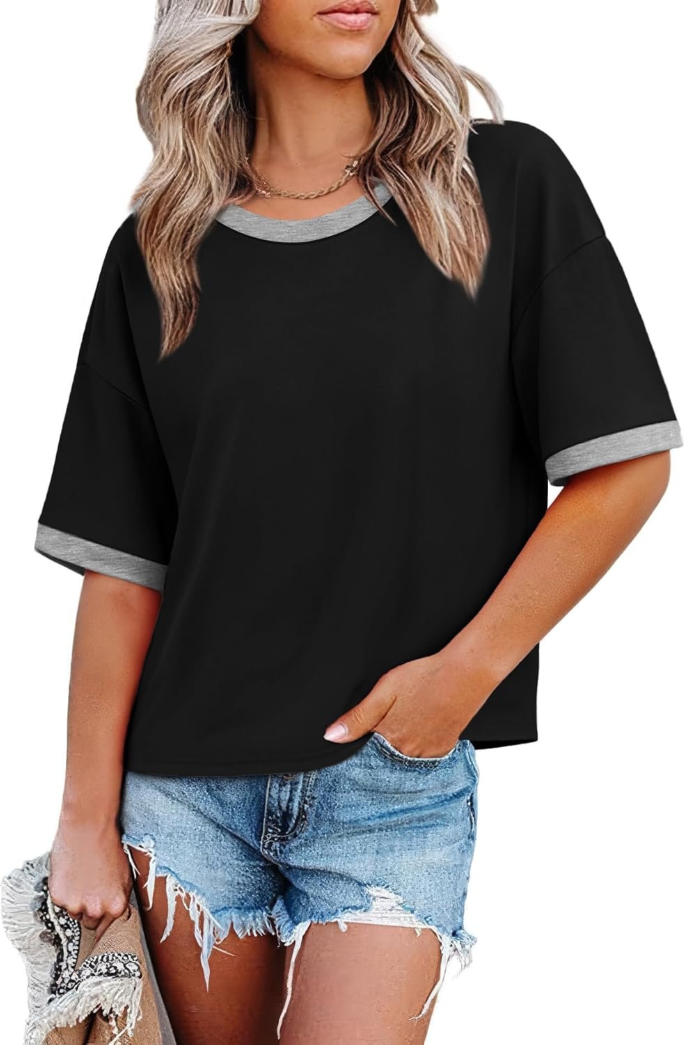 WIHOLL Womens T Shirts Loose Fit Short Half Sleeve Crew Neck Oversized Tshirts Color Block Summer Tops Fashion 2026