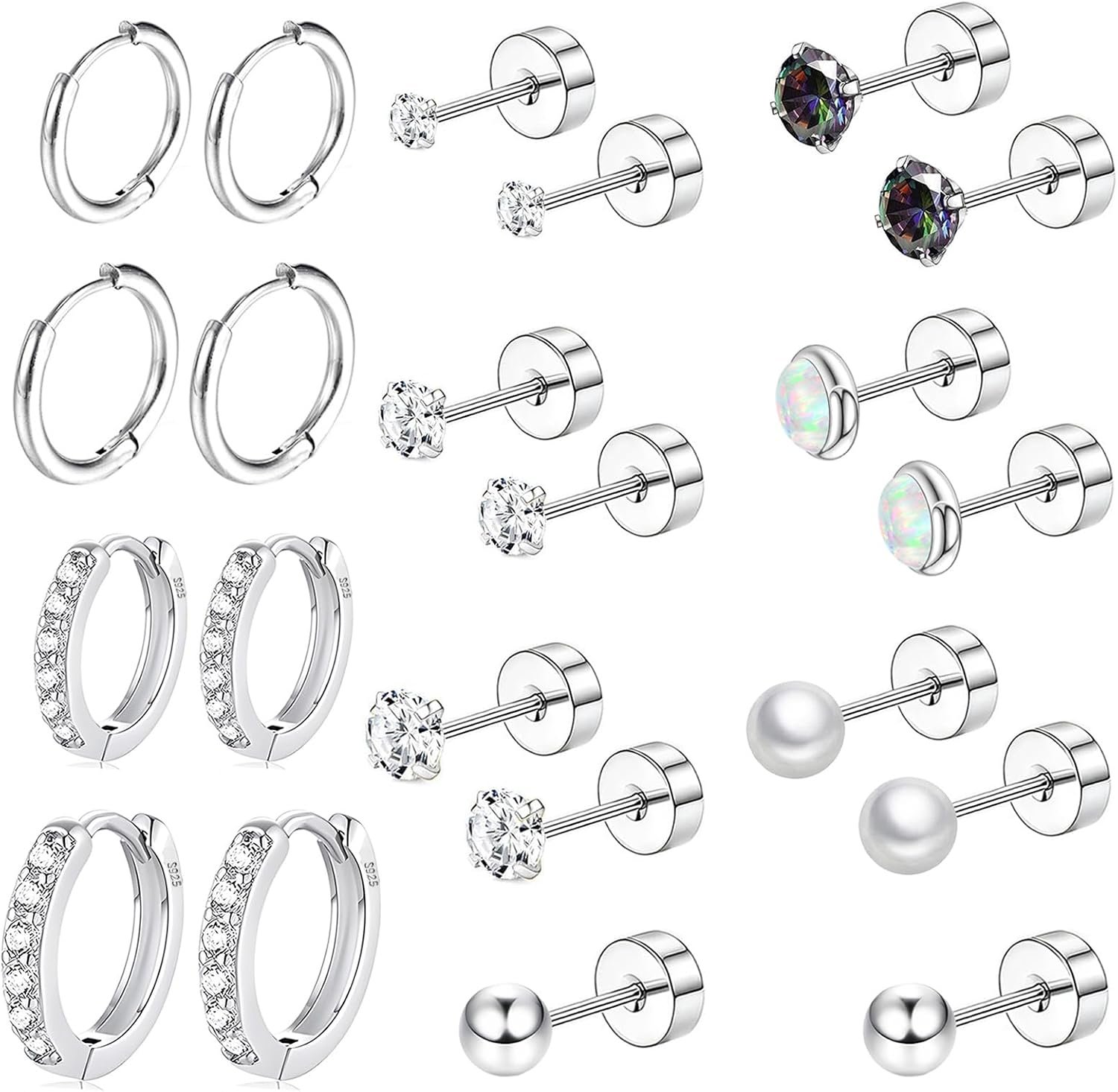 Surgical Steel Flat Back Earrings Set for Multiple Piercing Sensitive Ears,Sterling Silver Hypoallergenic Small Cartilage Huggie Hoop Earrings Titanium Tiny CZ Pearl Opal Stud Earrings for Women
