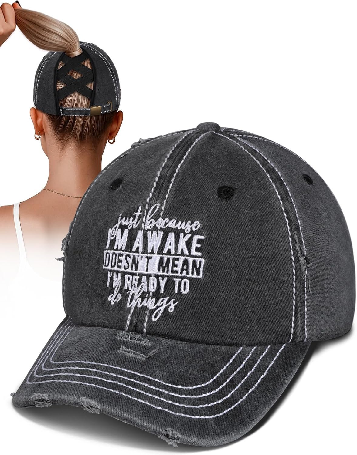 Flafens Women Pony Hats High Ponytail Baseball Caps – Cotton Vintage Washed Distressed Adjustable Criss Cross Trucker Hat