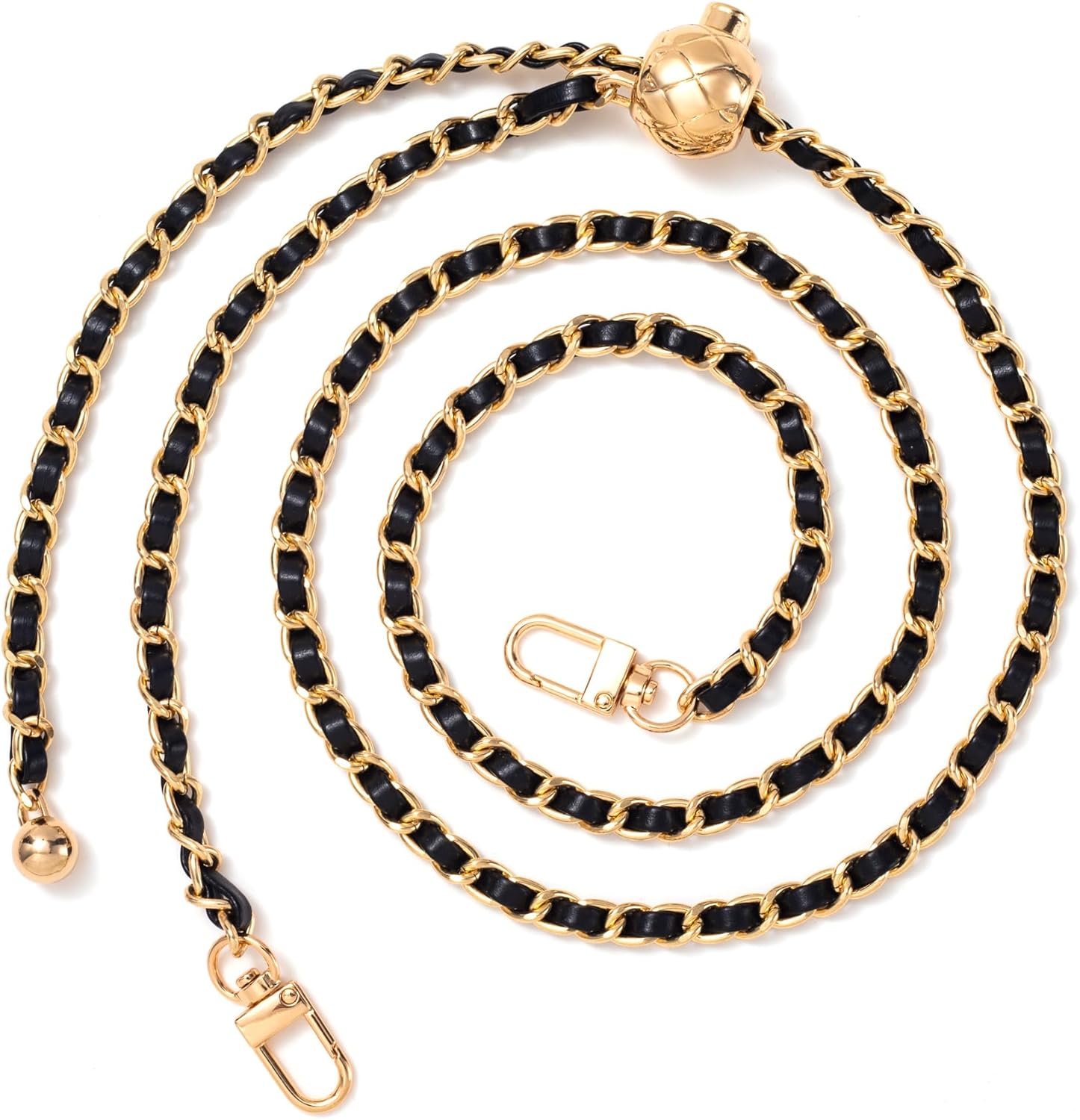 Joez Wonderful Gold Purse Chain Strap with Black Leather, Adjustable Bag Strap Crossbody, Replacement for Thin Shoulder Bag Chain, Extra Long Crossbody Chain Strap (48″, 1 Pcs)
