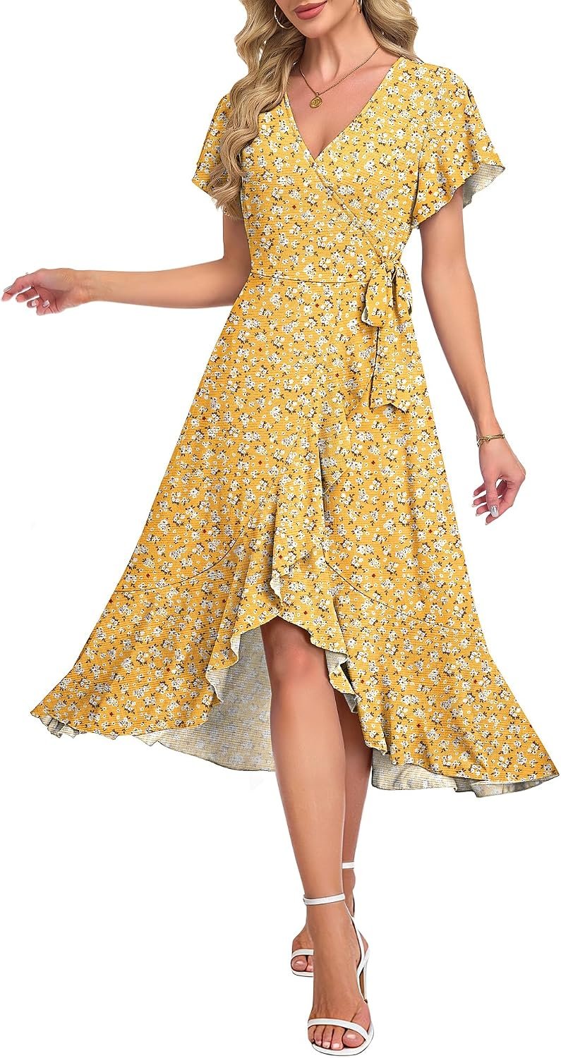 AUSELILY Women Summer Midi Dresses Wrap Short Flutter Sleeve V Neck Boho Slit Flowy Ruffle Dress Wedding Guest Dresses