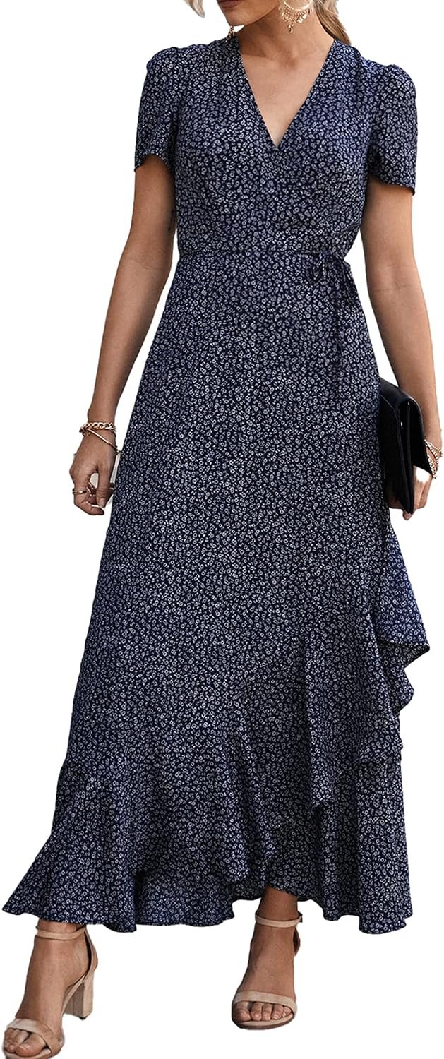 PRETTYGARDEN Women’s Boho Floral Maxi Dress Summer Short Sleeve Wrap V Neck Long Flowy Beach Vacation Wedding Guest Dresses