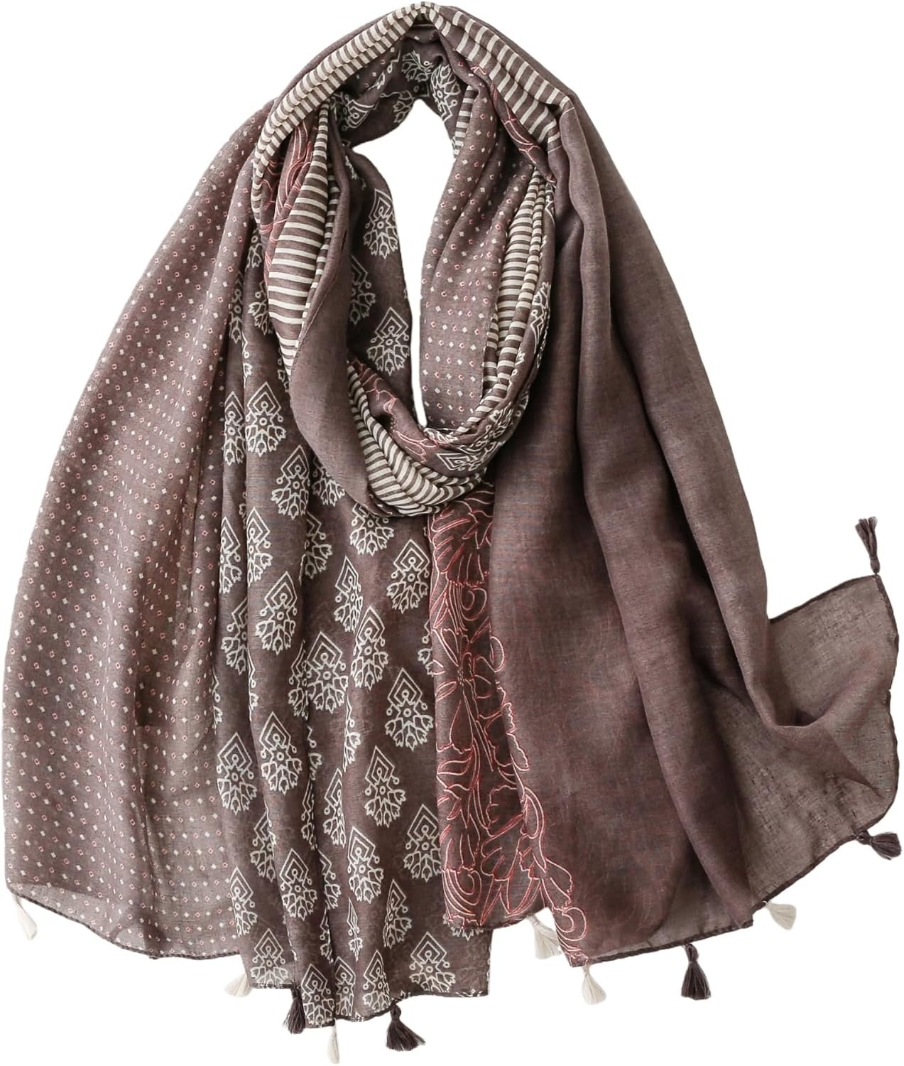 WaJuemy Travel Boho Scarf for Women Casual Lightweight Pashmina Scarves Fashion Multicolor Shawl Wraps with Fringed Beads