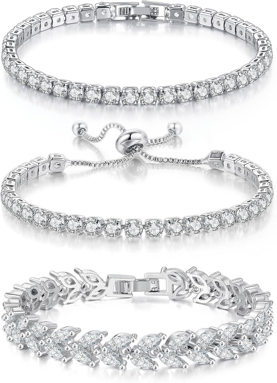GEMOSA 3 Pcs Tennis Bracelet Set 14K Gold Plated Marquise Cubic Zirconia CZ Diamond Dainty Adjustable Silver Bracelets for Women Brides Stackable Fashion Jewelry Wedding Prom Gift
