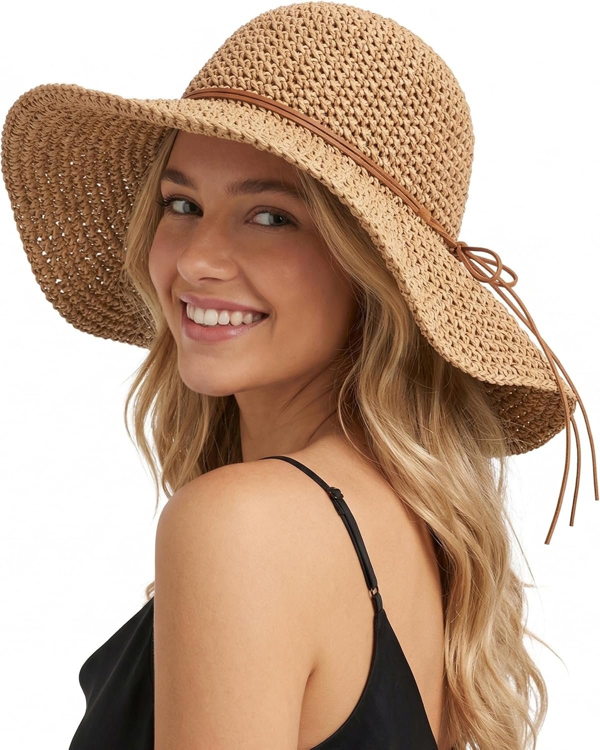Beach Sun Straw Hats for Women, Floppy Wide Brim Summer Straw Hats, Foldable Packable Roll up Cap