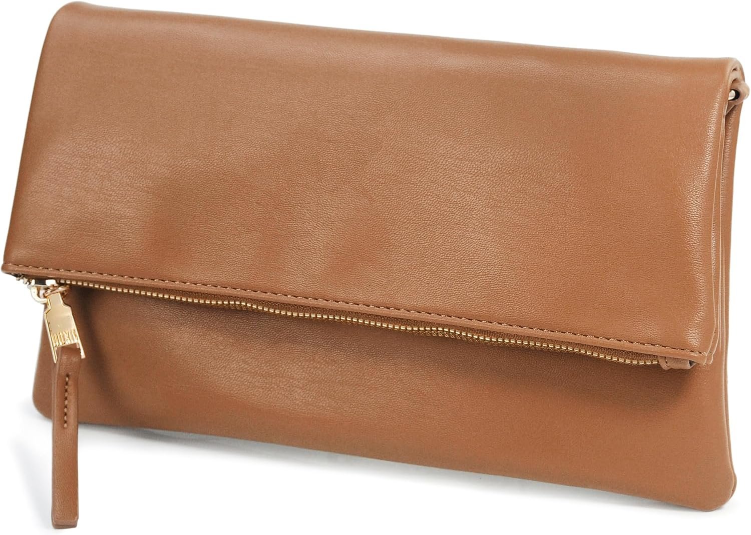 Women’s Zipper Foldover Clutch Vegan Leather Envelope Cross body Bag with Chain Strap