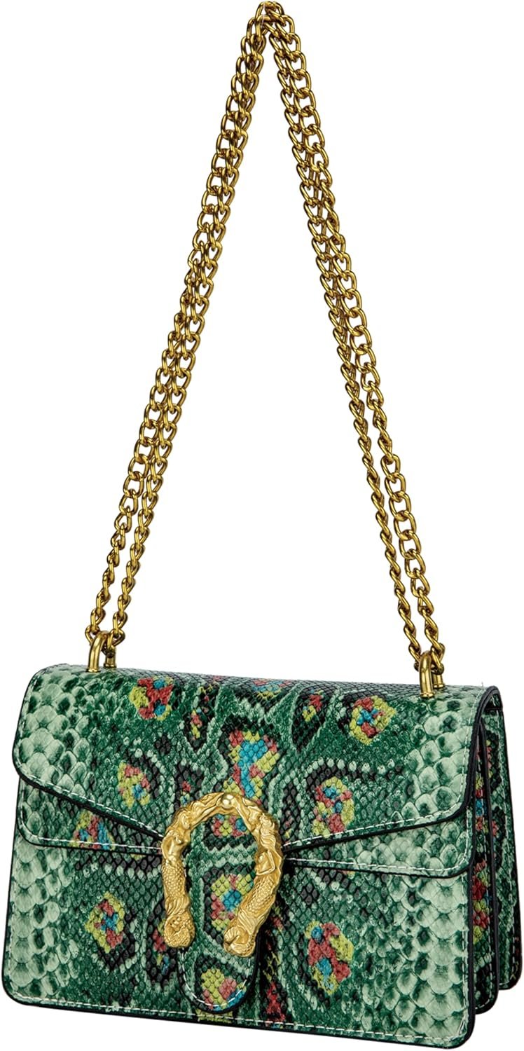 Leather Shoulder Bag Chain Purse for Women – Fashion Crossbody Bags Vintage Snake Print Underarm Bag Square Satchel Handbag