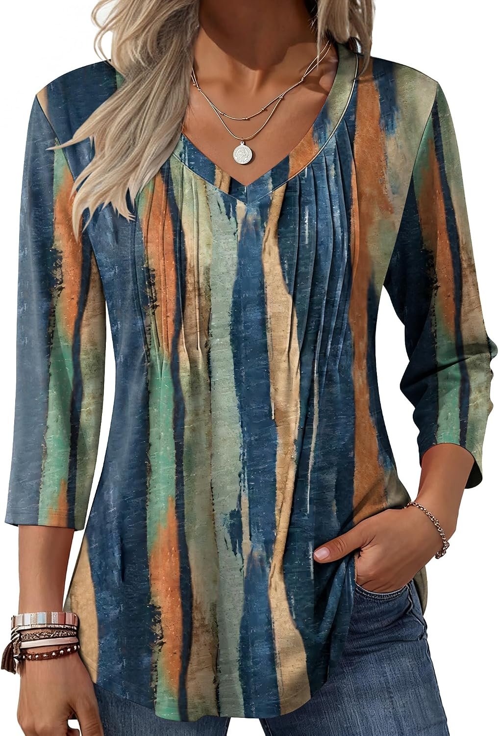 Zeagoo 3/4 Length Sleeve Womens Tops Casual V Neck Pleated Top Boho Floral Blouses Work Shirts