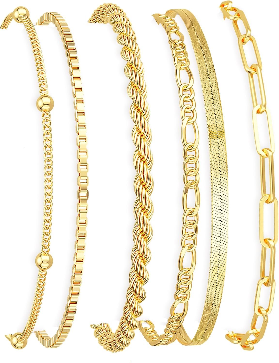 Dearmay Gold Bracelets for Women Waterproof, 14K Gold Plated Minimalist Bracelets Stack Non Tarnish Trendy Dainty Herringbone Vintage Cuban Paperclip Rope Thin Box Link Chain Stackable Jewelry Sets Modern Fashion Accessories Gifts for Womens