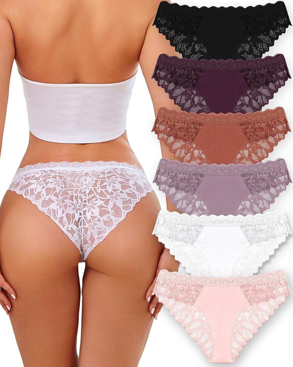 Sexy Underwear for Women Lace Cheeky Soft Hipster Low Rise Breathable Undies Cotton Bikini Panties 6 Pack