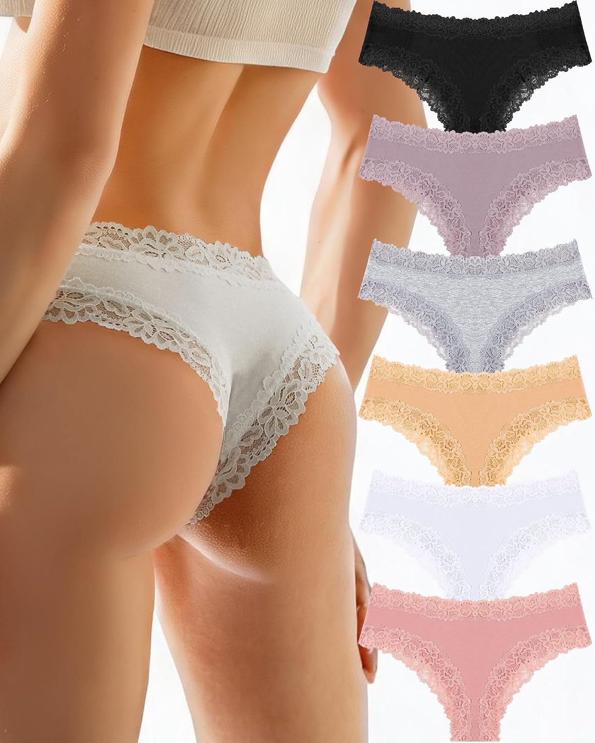FINETOO Cotton Underwear for Women Sexy Panties Lace Hipster Low Rise Breathable Womens Cheeky 6 Pack S-XL