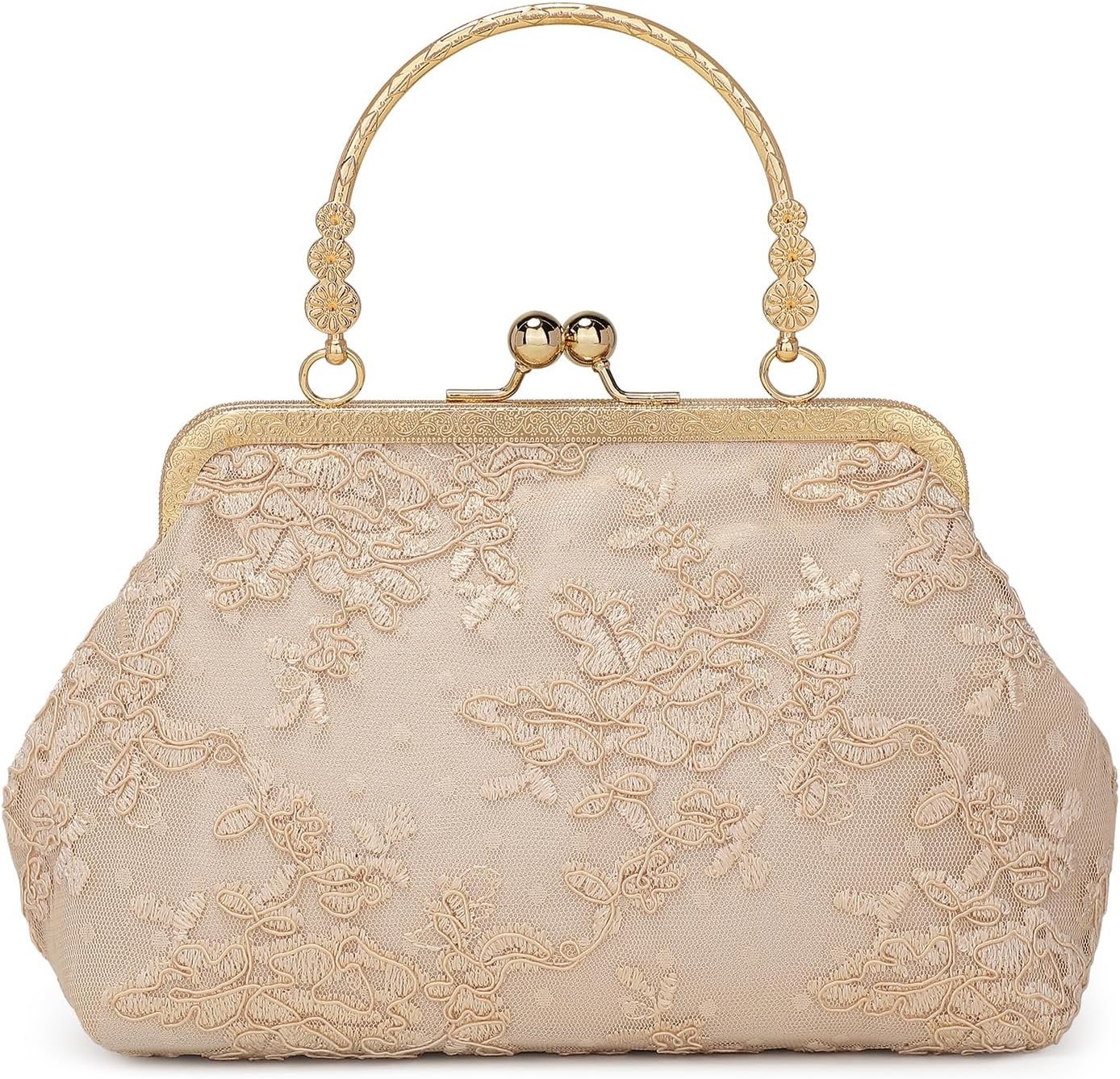 UBORSE Vintage Embroidery Lace Floral Clutch Purse for Women Formal Evening Bag Kiss Lock Handbag for Wedding Cocktail Party | Vintage