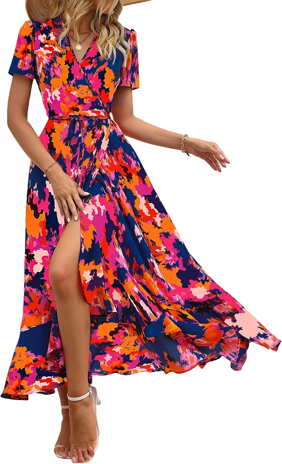 PRETTYGARDEN Women’s Boho Floral Maxi Dress Summer Short Sleeve Wrap V Neck Long Flowy Beach Vacation Wedding Guest Dresses