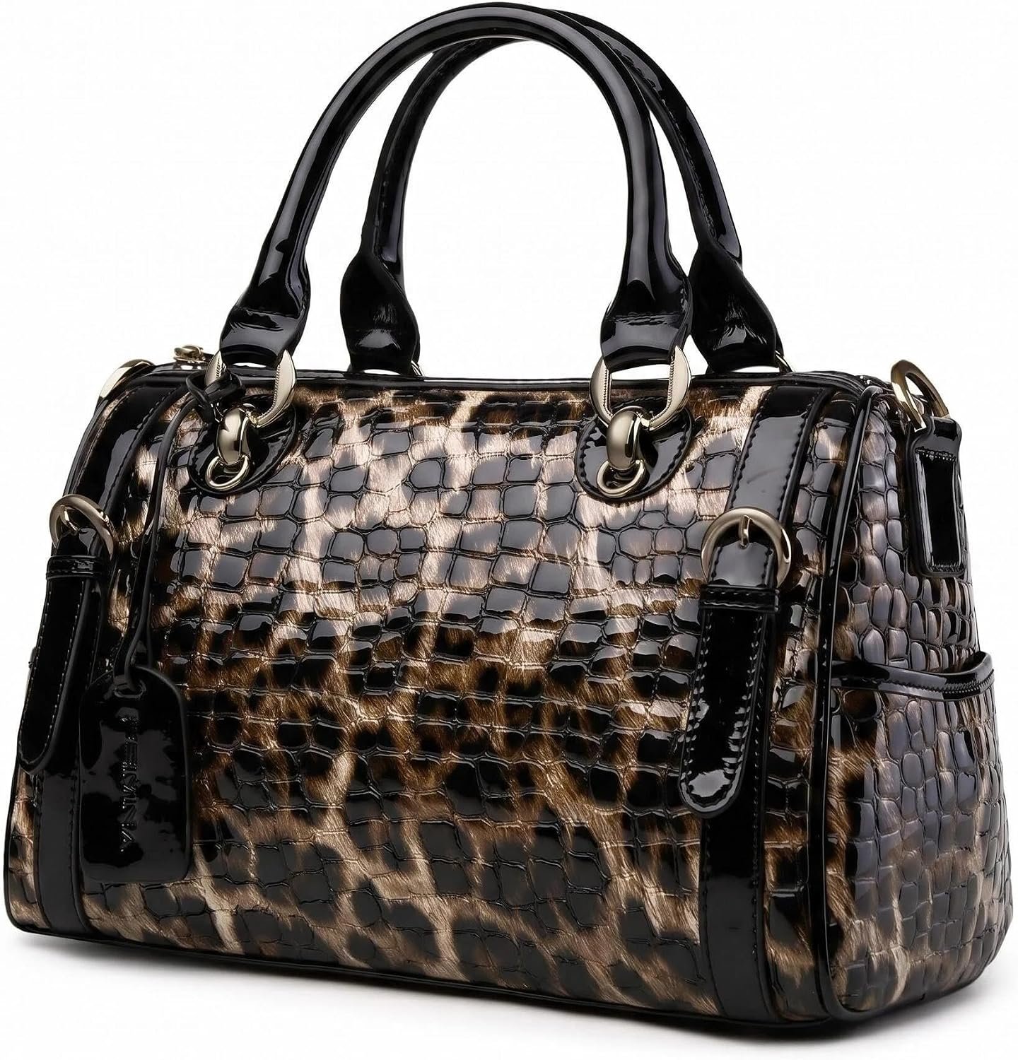 Medium Genuine Leather Shoulder Bags Purses Handbags for Women,Patent Leather Handbags,Leopard Print Crossbody Bags | Genuine Leather