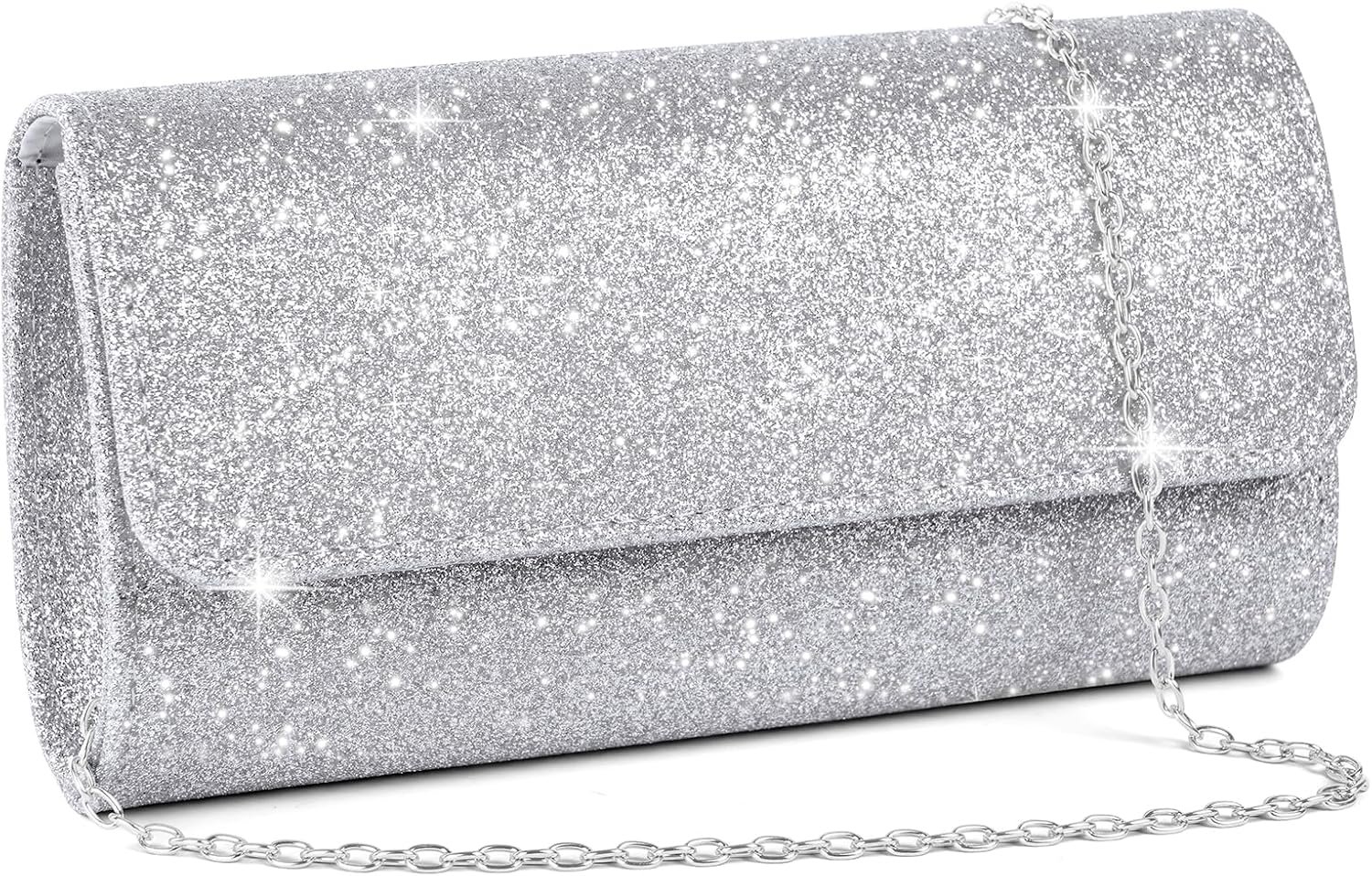 OSDUE Evening Bag Clutch Purses, Rhinestones Purse Silver Sparkling Wedding Party Purse Envelope Evening Bag with Detachable Chain for Women