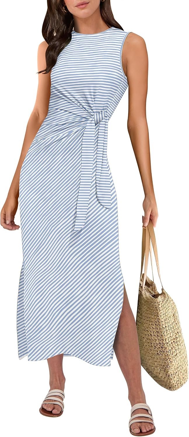 ANRABESS Womens Summer Casual Sleeveless T Shirt Midi Dress Slim Fit Tie Waist Split Tank Long Dresses 2026 Vacation Sundress
