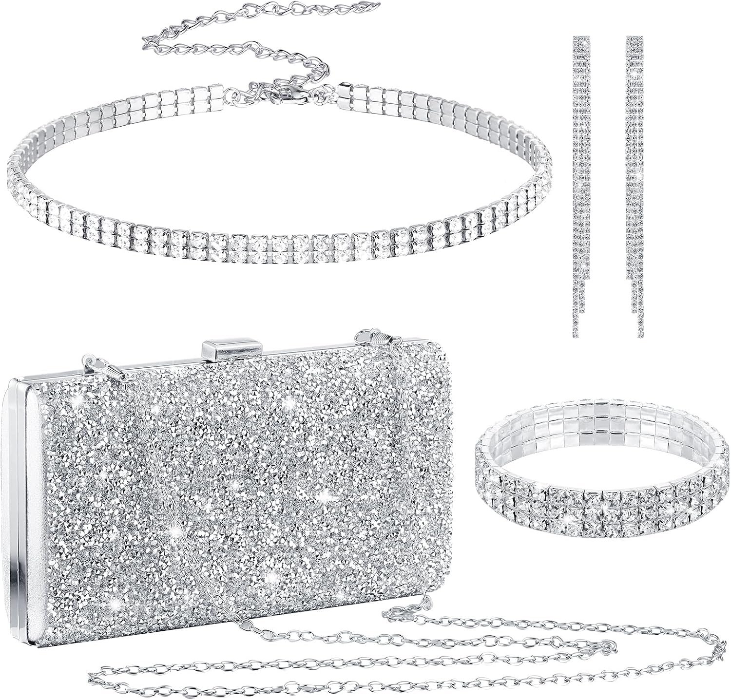Kigeli 4 Pieces Women Rhinestone Evening Clutch Bag Bling Earring Necklace Bracelet for Wedding Graduation Prom