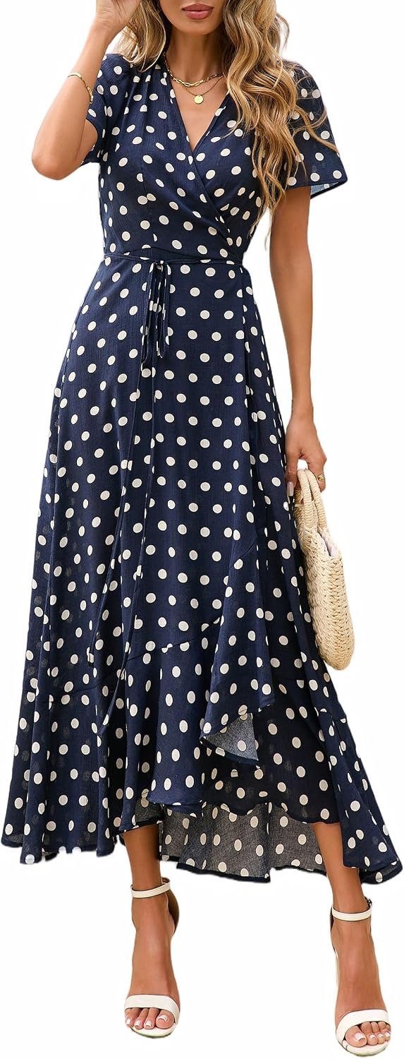 PRETTYGARDEN Women’s Boho Floral Maxi Dress Summer Short Sleeve Wrap V Neck Long Flowy Beach Vacation Wedding Guest Dresses