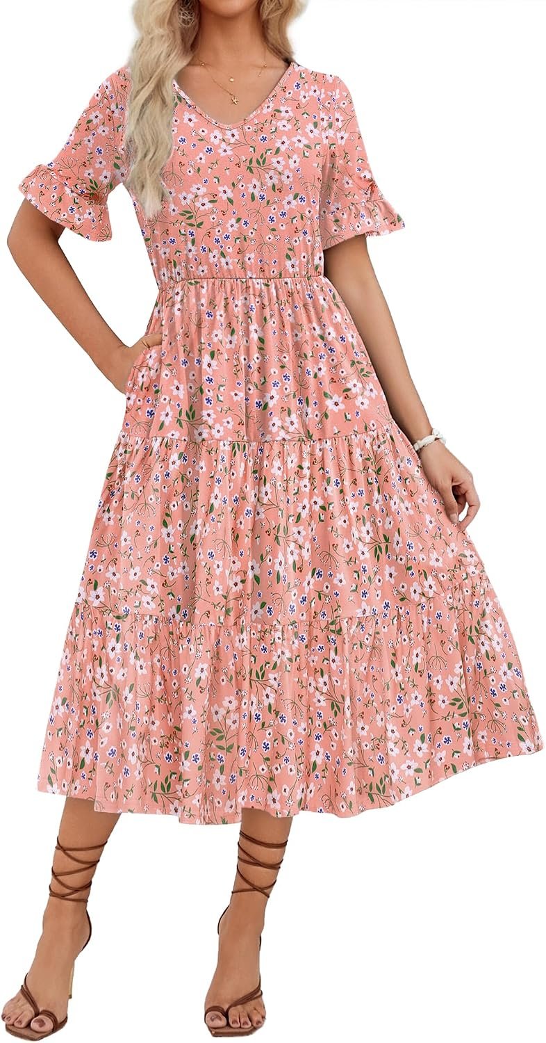 ZEAGOO Women’s Summer Dresses Midi Tiered Casual Dress Floral V Neck Ruffle Short Sleeve Flowy Beach Dress with Pockets