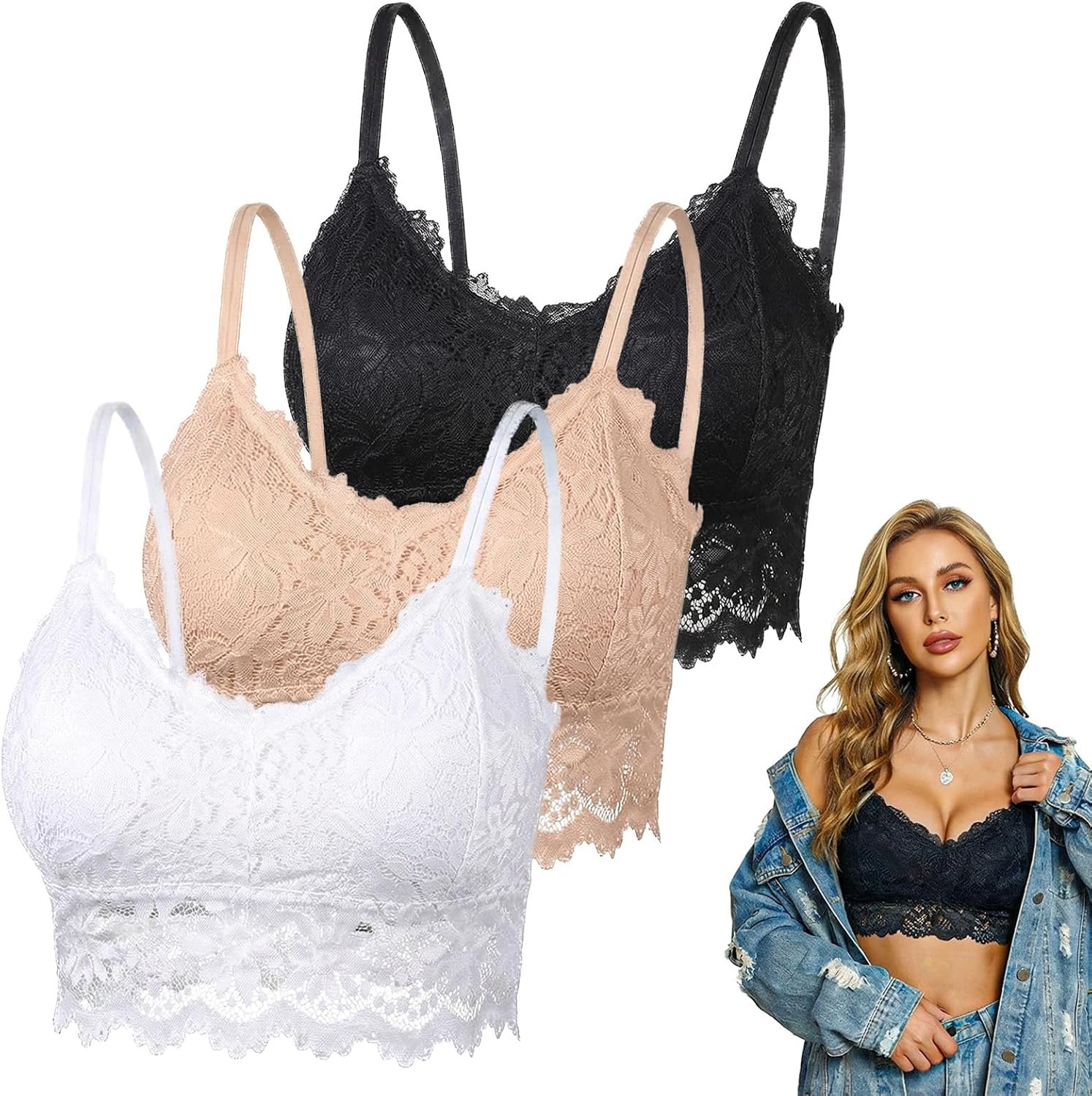 3Pcs Lace Bralette Set Removable Padded – Soft Stretch lace Bralettes for Women – Black White Beige Wireless Bralette (Black, Beige, White,L – XL)