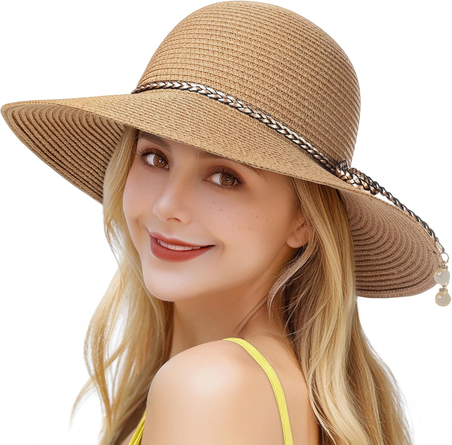 Womens Beach Sun Straw Hat – UV Protection UPF 50+ Sun Hats for Women with Wide Brim, Straw Beach Hat for Women