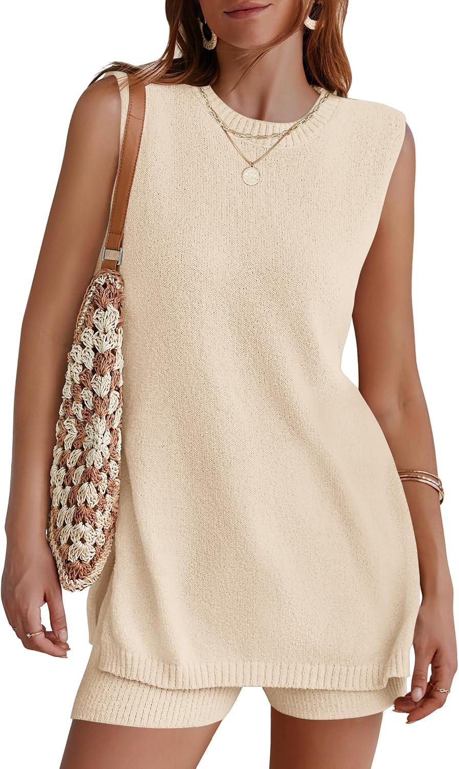 NENONA Women’s Summer Sleeveless Sweater Lounge Sets Casual Loose Fit Tunic Tops and Shorts 2 Piece Beach Vacation Outfits