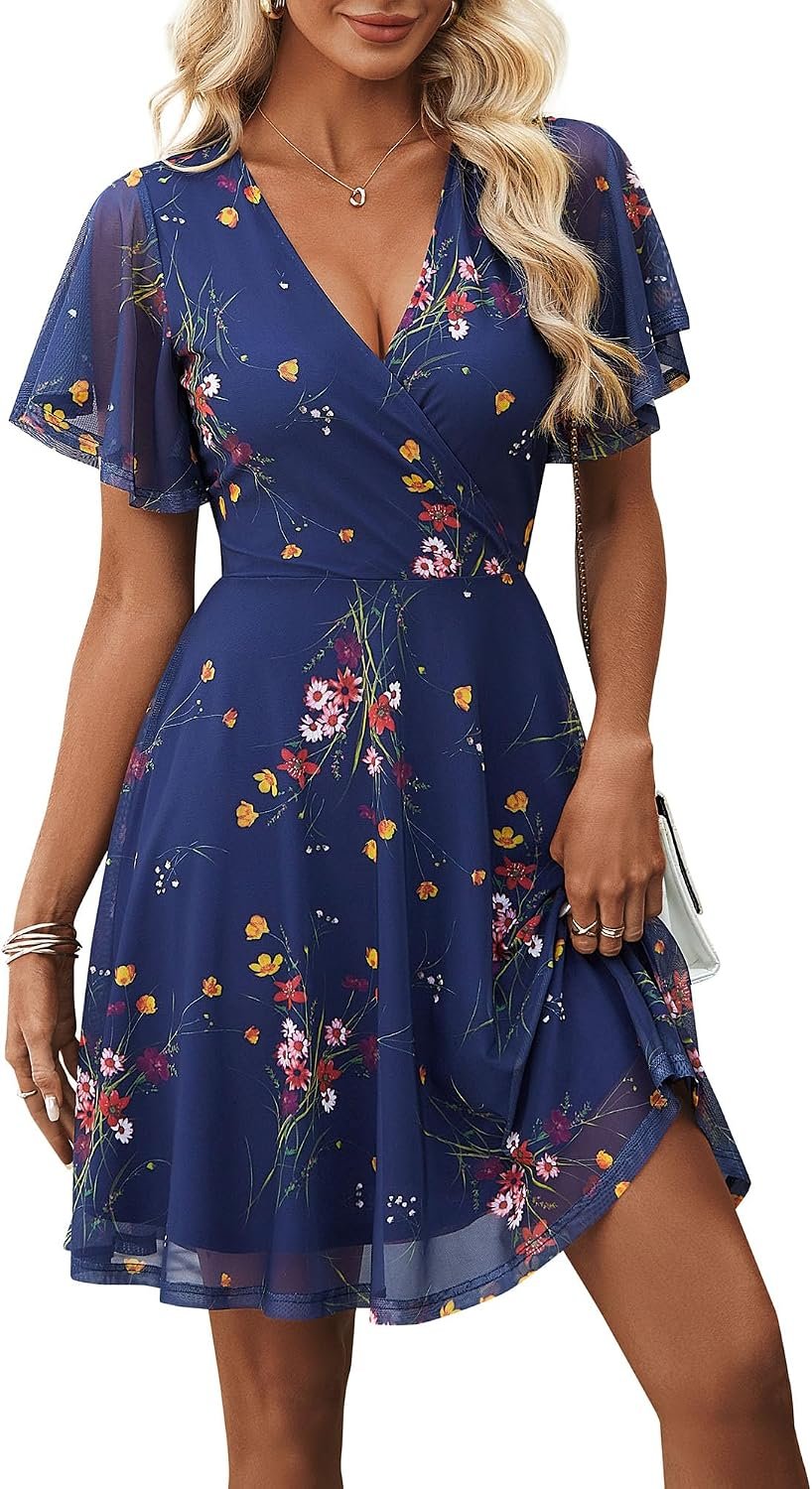 GUBERRY Womens Spring Summer Casual Floral Wrap V Neck Stretchy Mesh Dress Modest Wedding Guest Dress