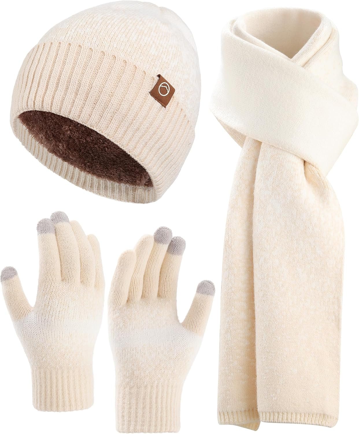 AWAYTR Winter Hat Gloves Scarf Set for Women, 3 Pcs Knit Beanie Touchscreen Gloves Long Scarf Cold Weather Set